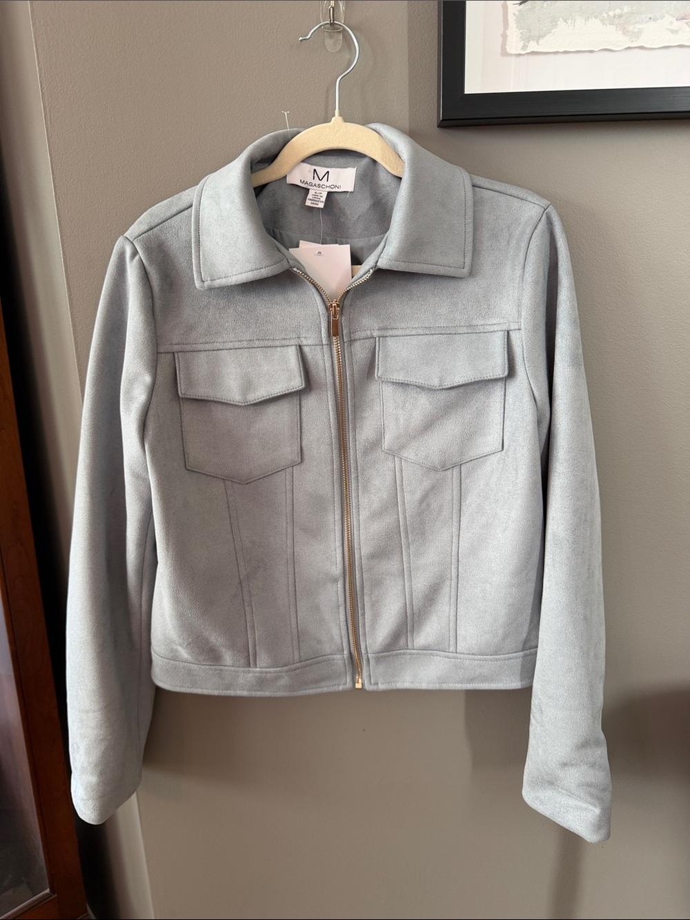 NWT. Magaschoni Light Blue- Gray Zip-Front Suede Jean Jacket. Size Small